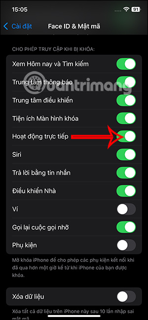 Bật hoạt động trực tiếp trên iPhone
