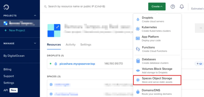 Vị trí của mục menu "Spaces Object Storage" trong bảng điều khiển DigitalOcean.