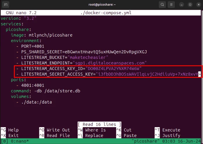 Access Key và Secret Key cho phiên bản Spaces PicoShare.
