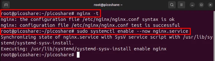 Xác minh cấu hình và lệnh systemctl để khởi động webserver Nginx.