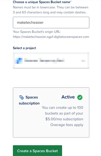 Lời nhắc trong hộp văn bản về tên Spaces và vị trí của nút "Create a Spaces Bucket".