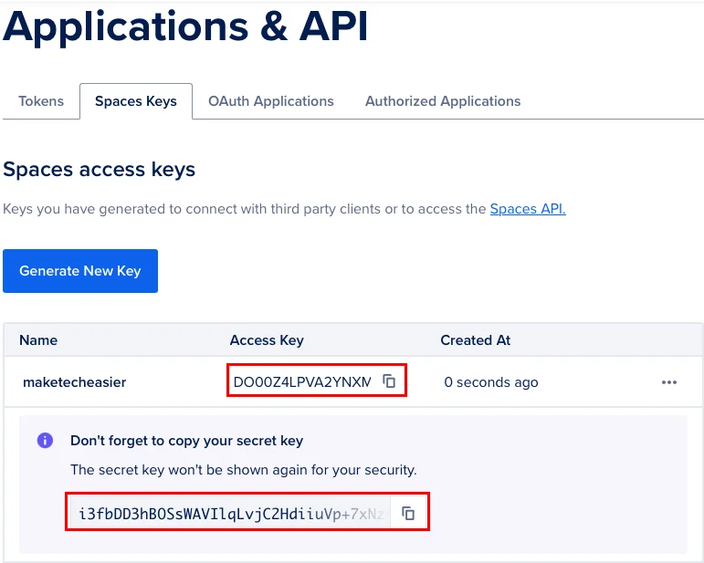 Vị trí của Access Key và Secret Key cho Spaces Bucket.