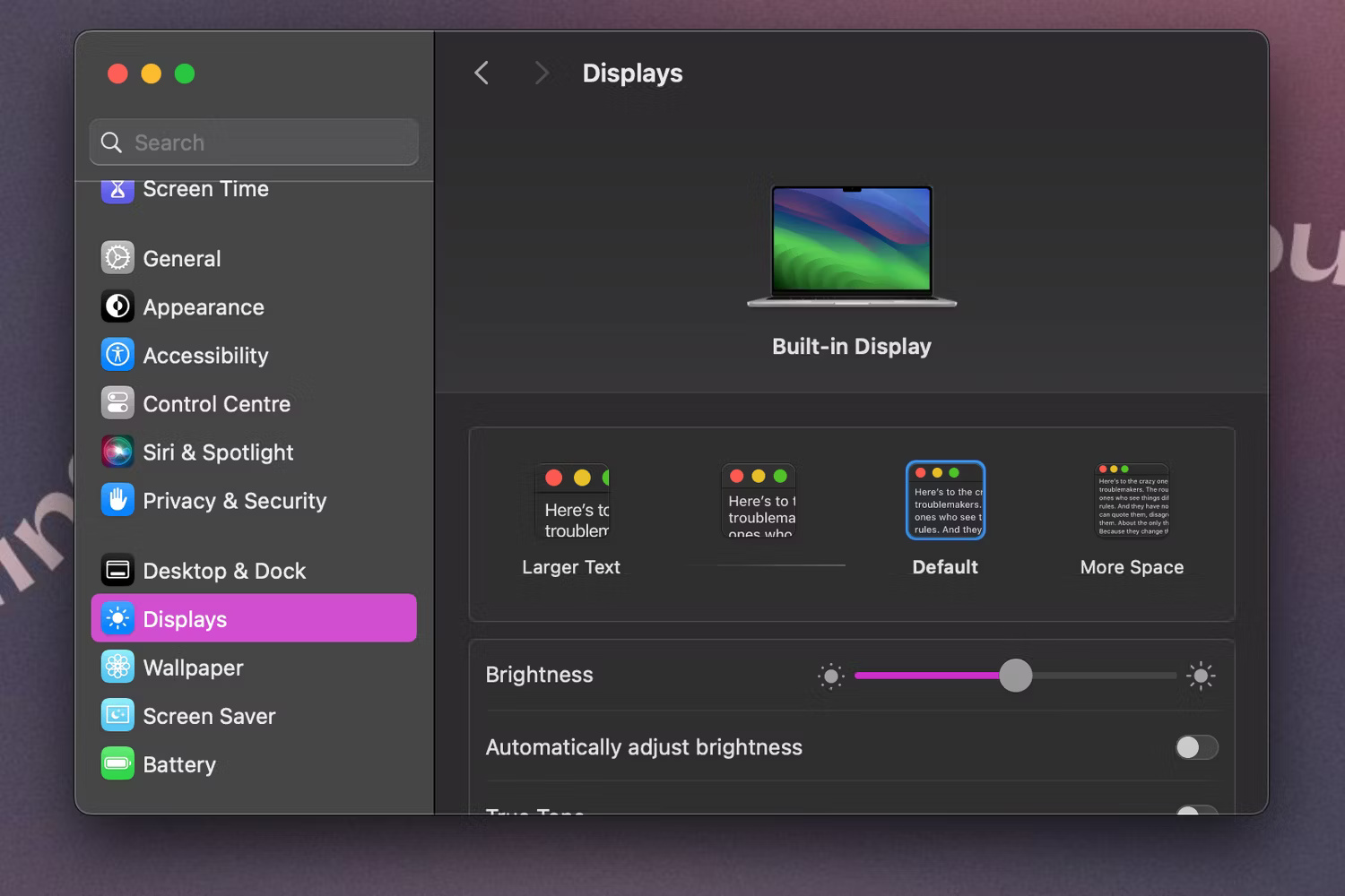 Phần hiển thị trong System Settings macOS