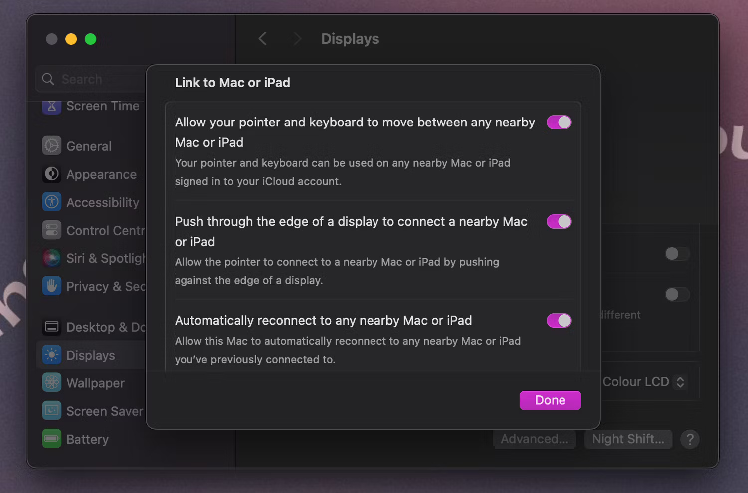 Cửa sổ Lind to Mac or iPad trong System Settings