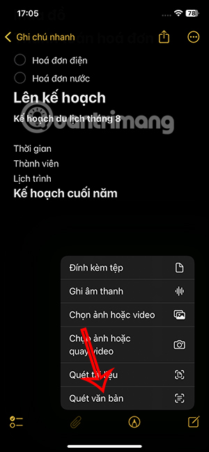 Chọn quét văn bản trong ghi chú iPhone