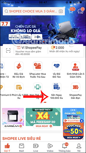 Săm xu hàng ngày trên Shopee Game