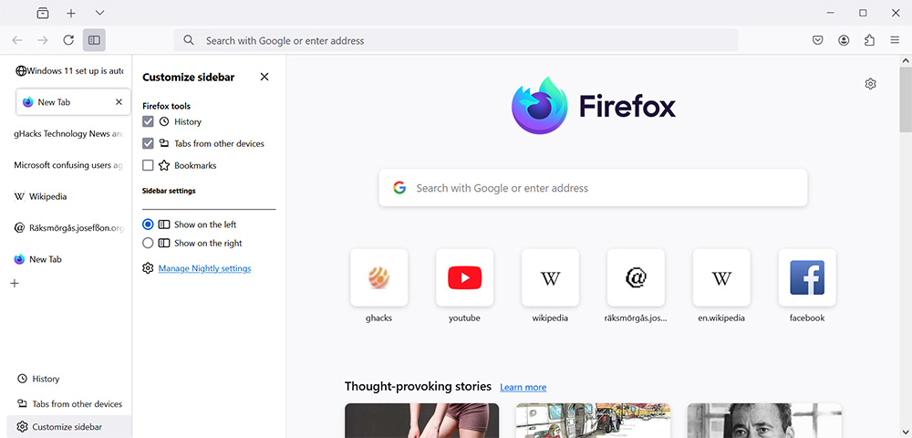 Giao diện tab dọc trên Firefox