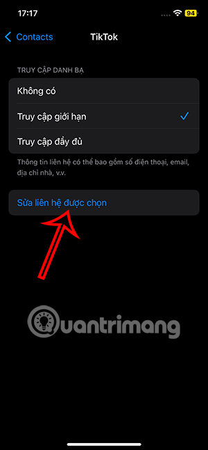 Sửa liên hệ đã giới hạn