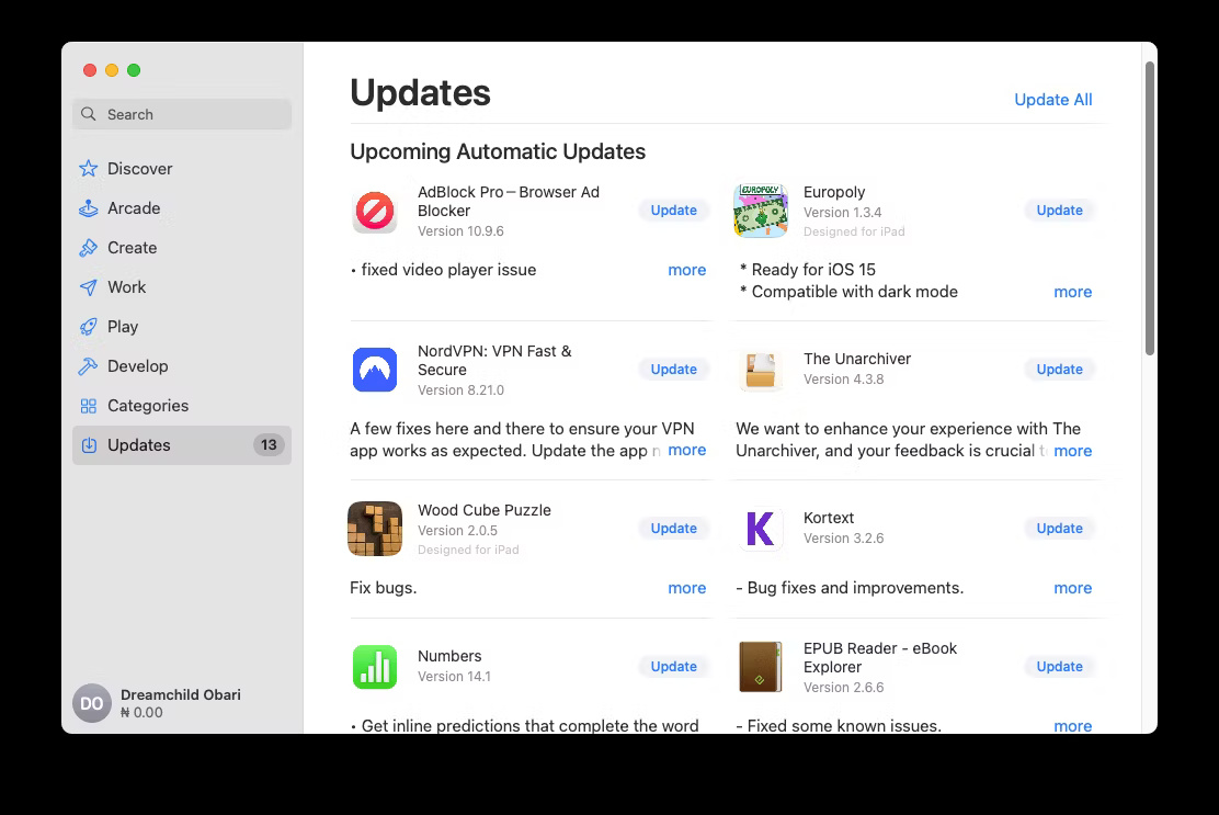 Trang cập nhật trong Mac App Store