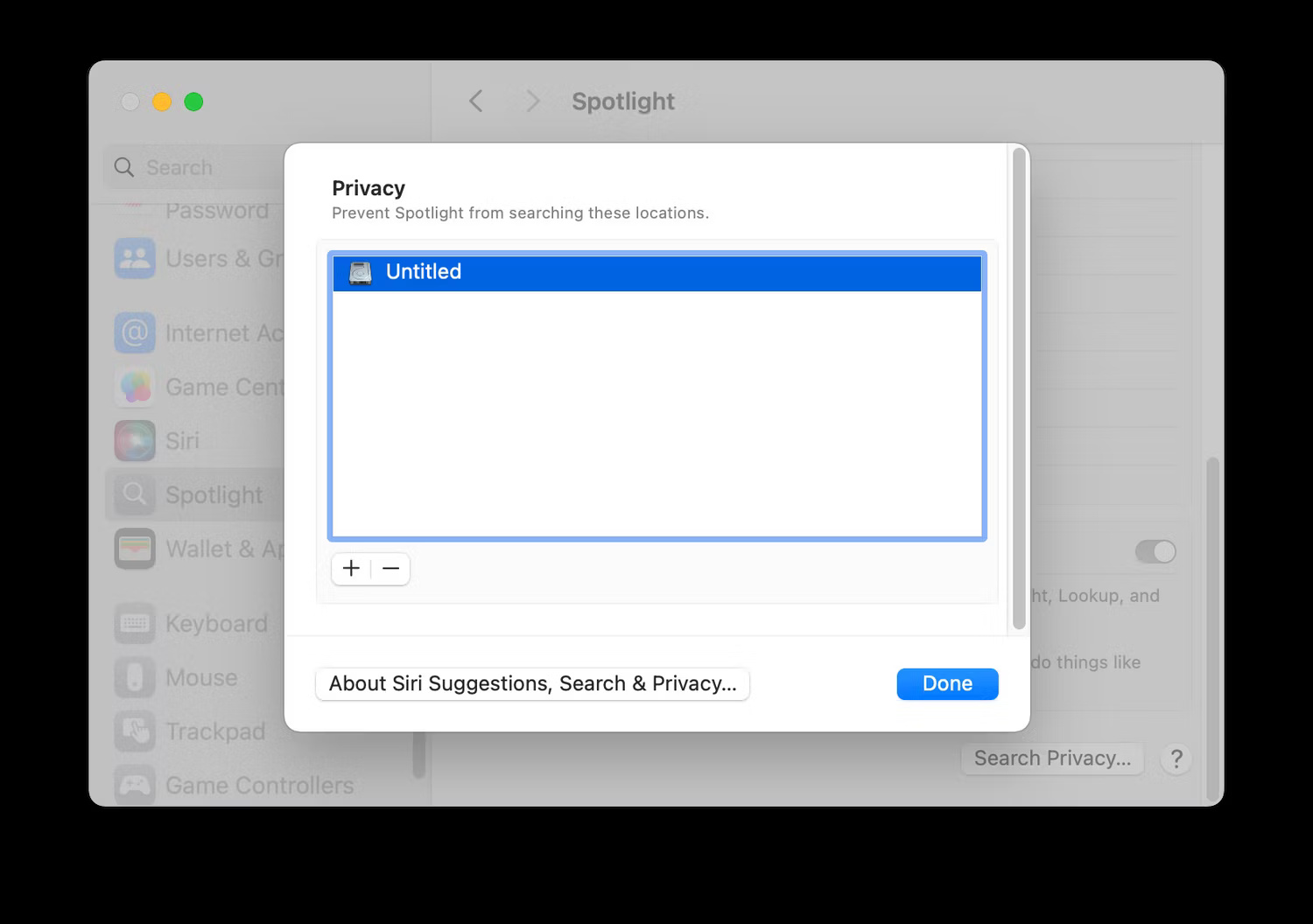 Cửa sổ Spotlight Privacy trên macOS