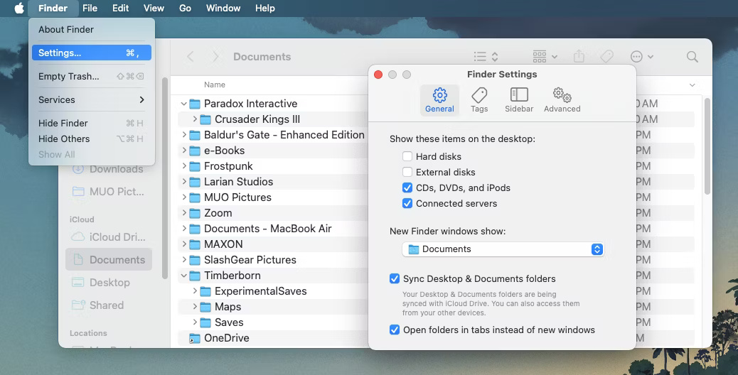 Cửa sổ Finder Setting trên macOS