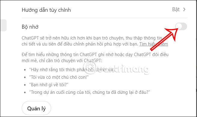 Vô hiệu hóa bộ nhớ ChatGPT