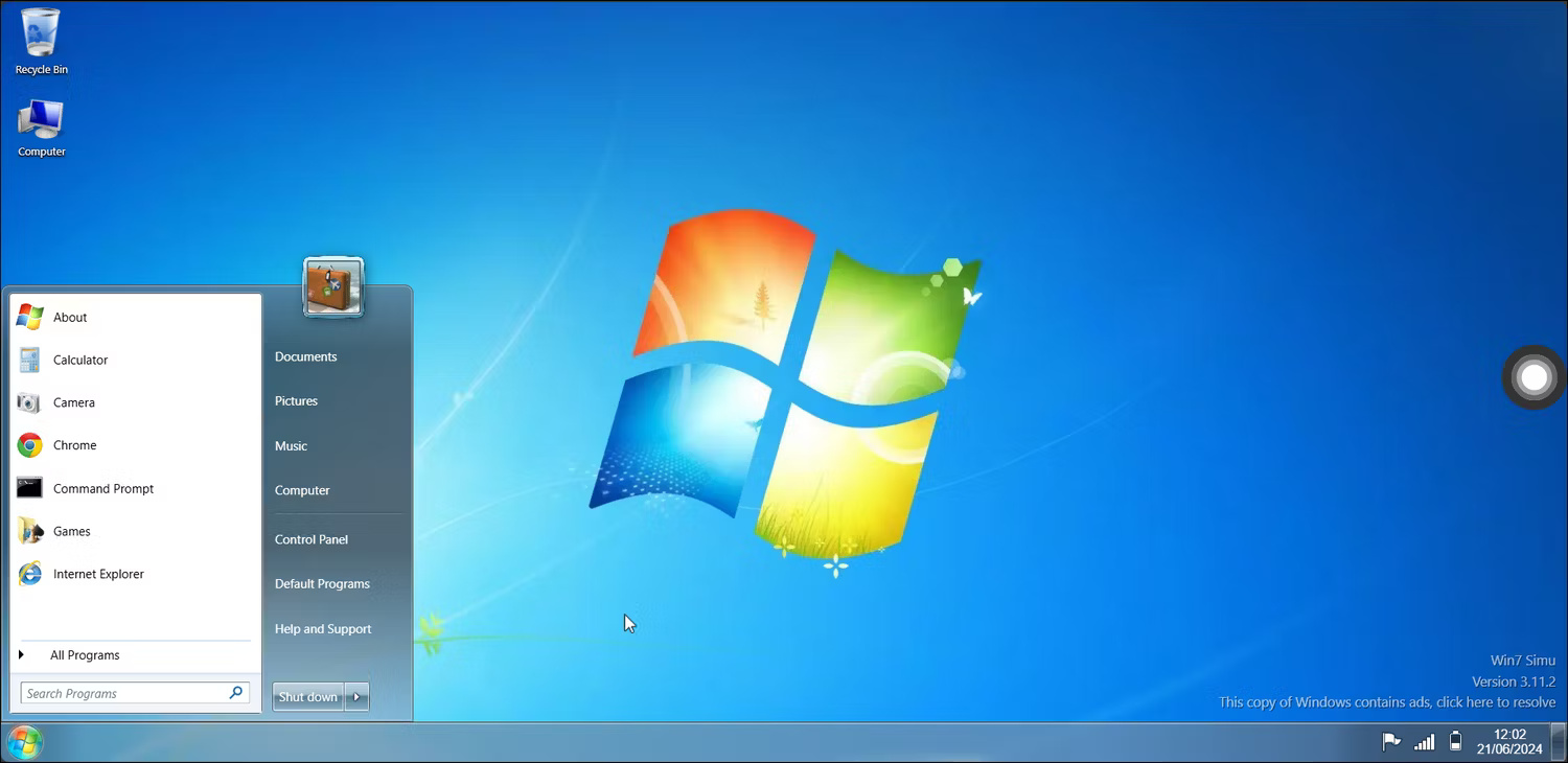Menu Start của Windows 7 lấy từ Win7Simu