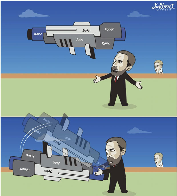 Huấn luyện viên SouthGate của Anh không biết cách sử dụng đội hình mạnh có trong tay. (Ảnh: Just Toon It).