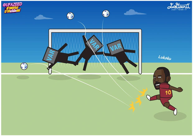 Lukaku ghi được 3 bàn thắng trong vòng đấu bảng nhưng cả 3 đều bị VAR từ chối công nhận. (Ảnh: Just Toon It).