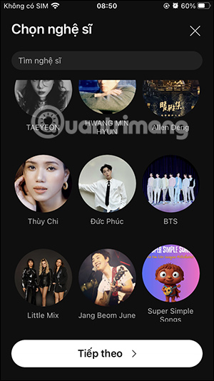 Chọn nghệ sĩ nghe nhạc YouTube Music