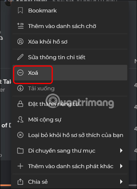 Chọn xóa danh sách phát Spotify
