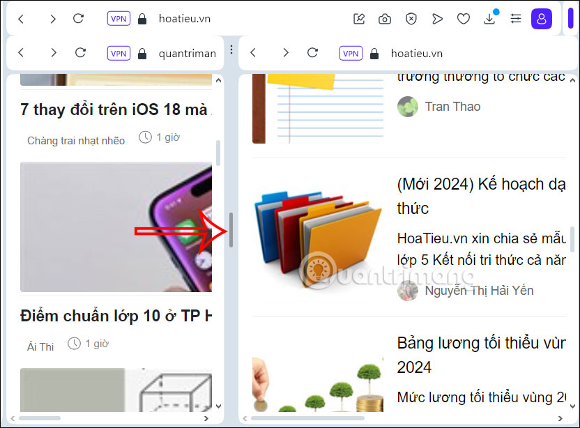 Chỉnh kích thước 2 nửa màn hình trên Opera