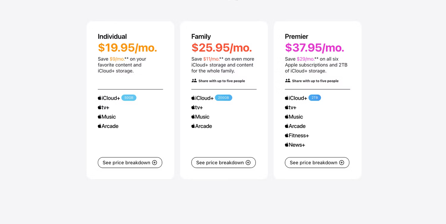 Giá đăng ký Apple One trên trang web của Apple