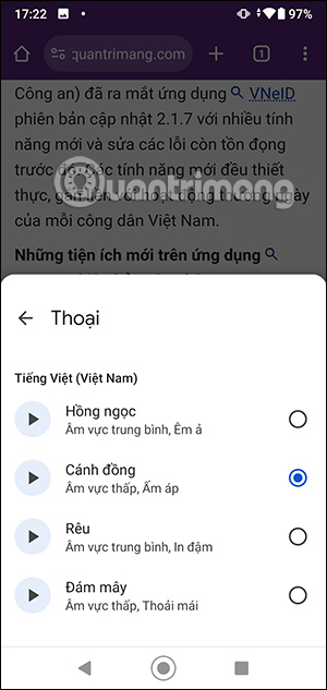 Giọng đọc trang web Chrome Android