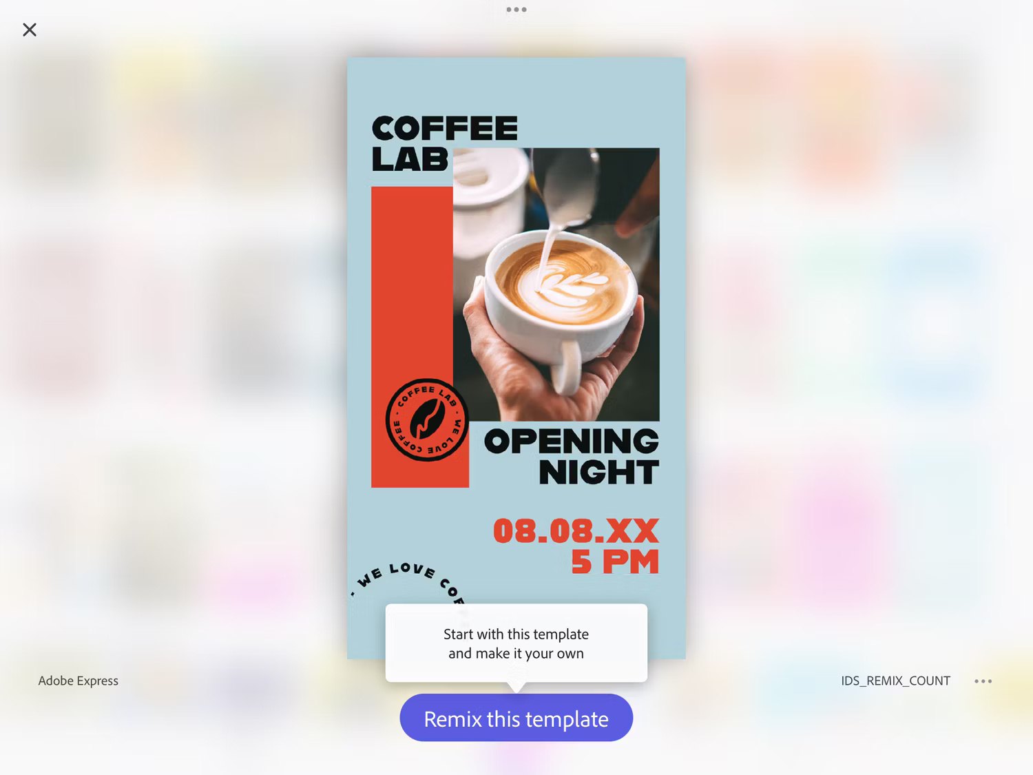 Chọn Remix this template để tùy chỉnh Instagram Stories trong Adobe Express