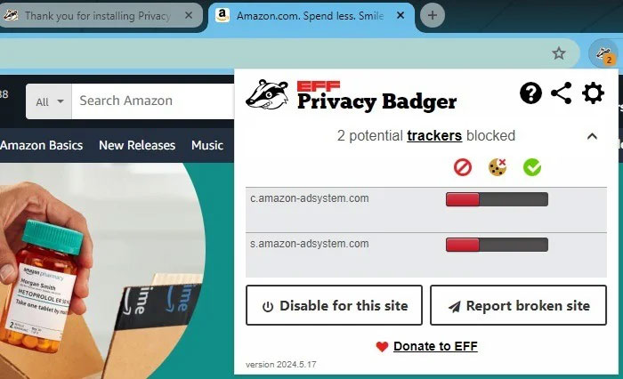 Sử dụng Privacy Badger, một trong những tiện ích mở rộng quyền riêng tư hàng đầu của Chrome, để chặn trình theo dõi trên Amazon.
