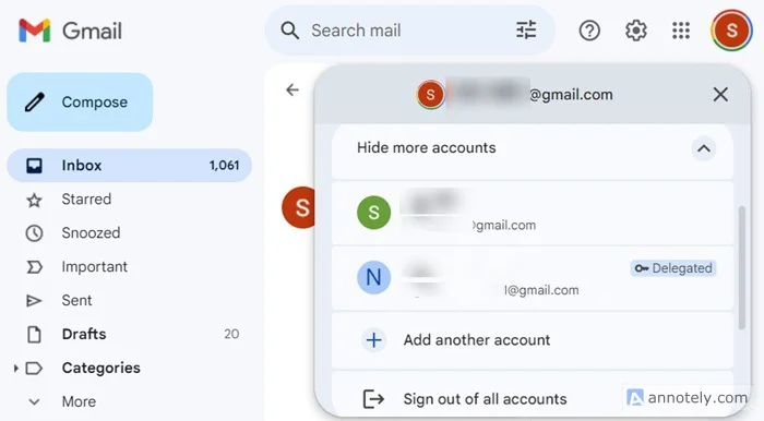 Tài khoản Gmail bổ sung hiển thị trong phần Gmail mặc định.