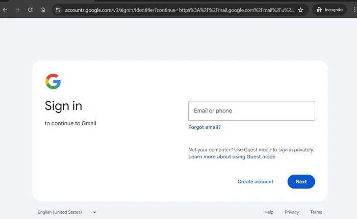 Truy cập Gmail trên trình duyệt ẩn danh Chrome.