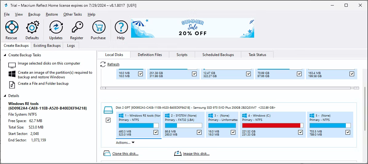 Phần mềm Macrium Reflect khi mở tab Local Disks