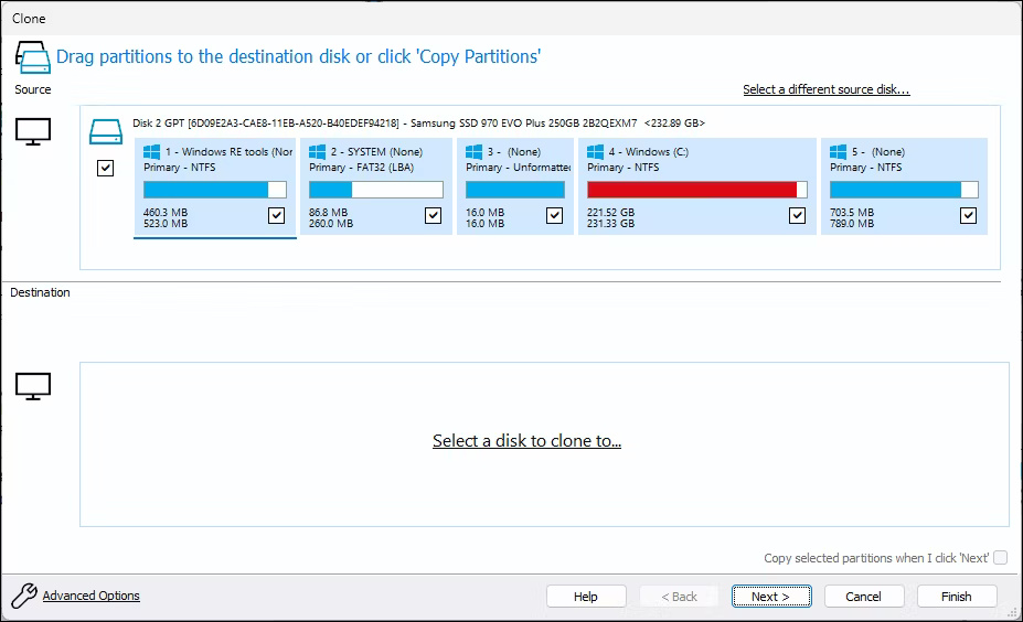 Tab Clone của Macrium Reflect Software hiển thị tùy chọn nguồn và đích