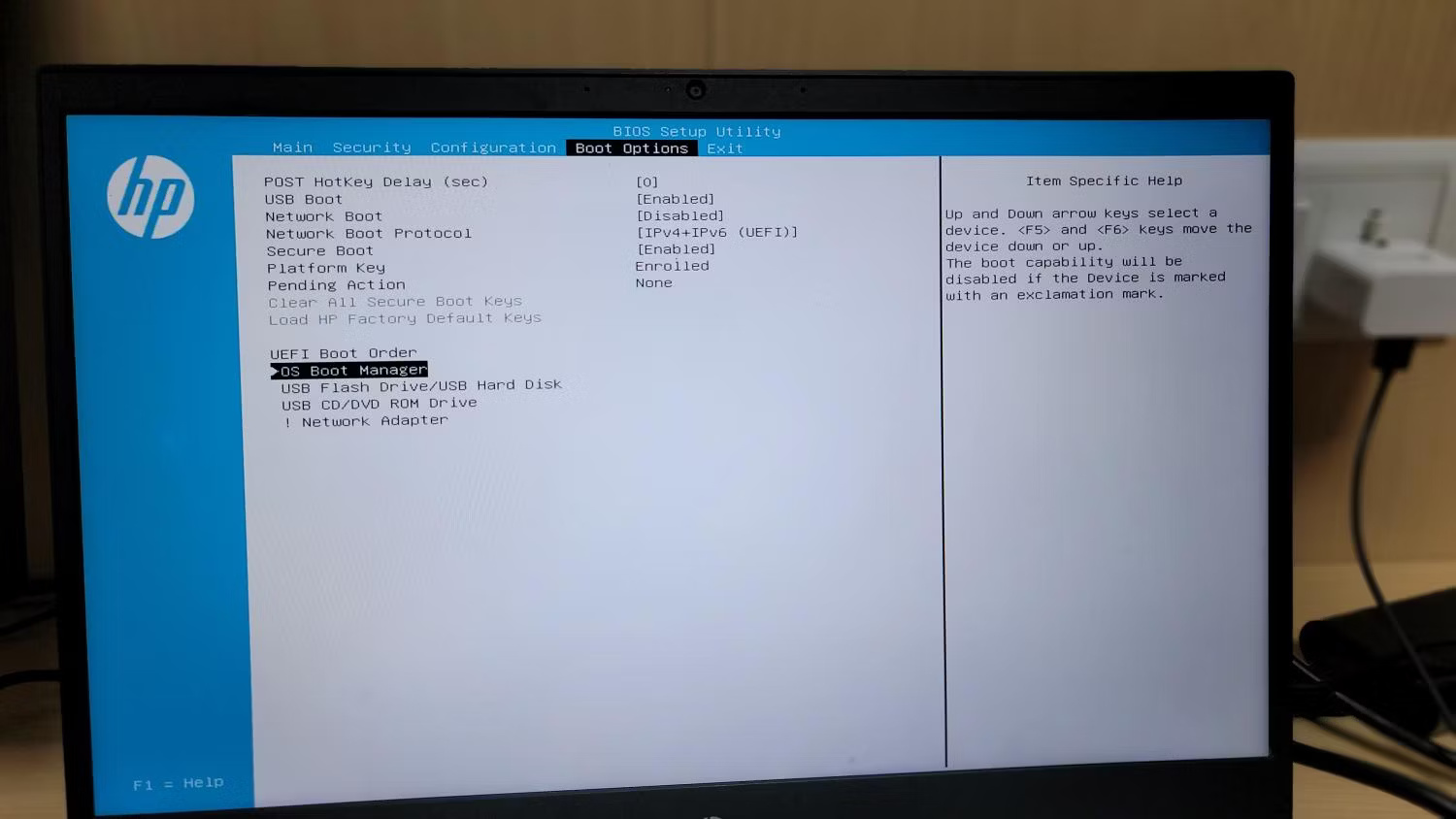 Tiện ích HP BIOS hiển thị tab Boot Options