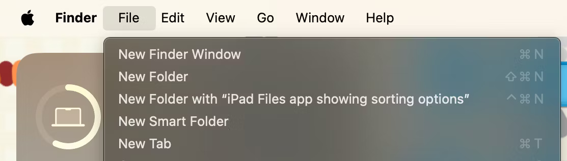 Thanh menu macOS Finder với menu drop-down File