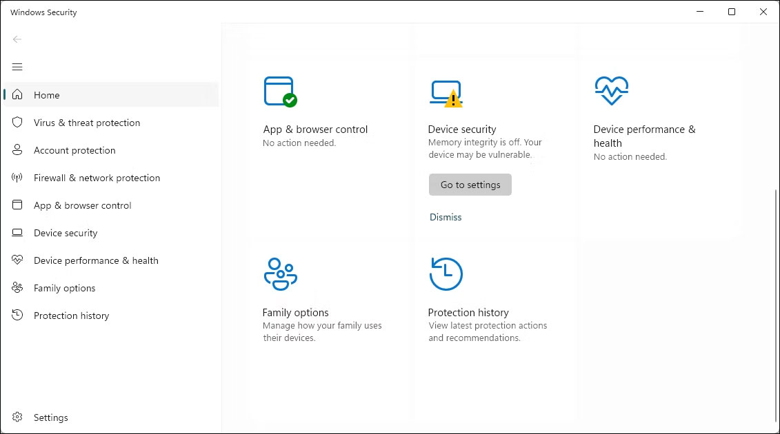 Màn hình chính của ứng dụng Windows Security trên Windows 11
