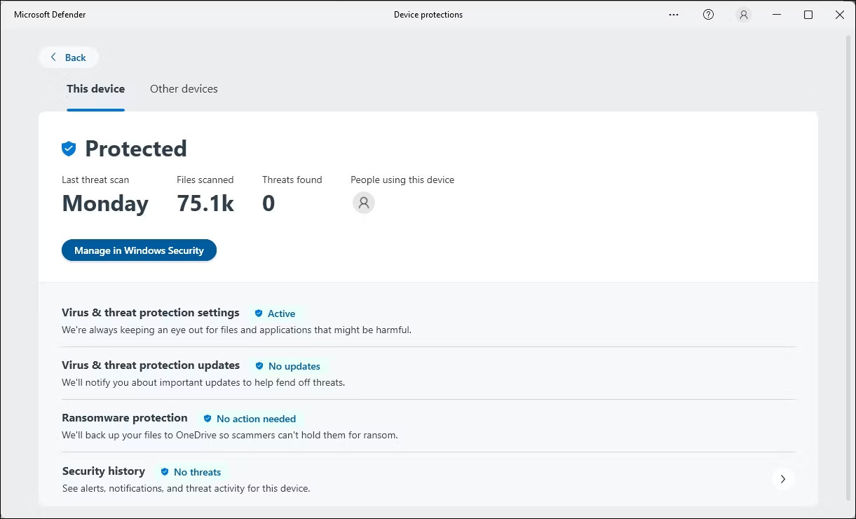 Ứng dụng Microsoft Defender hiển thị màn hình Device Protection