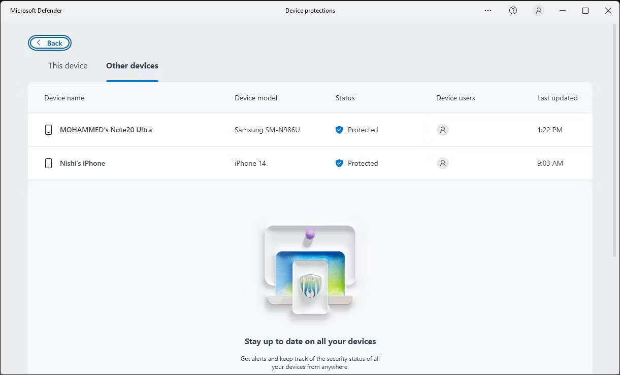 Ứng dụng Microsoft Defender hiển thị màn hình Other devices
