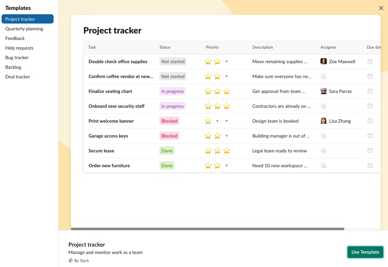 Template Slack có tên Project tracker với các trường bao gồm mức độ ưu tiên và trạng thái