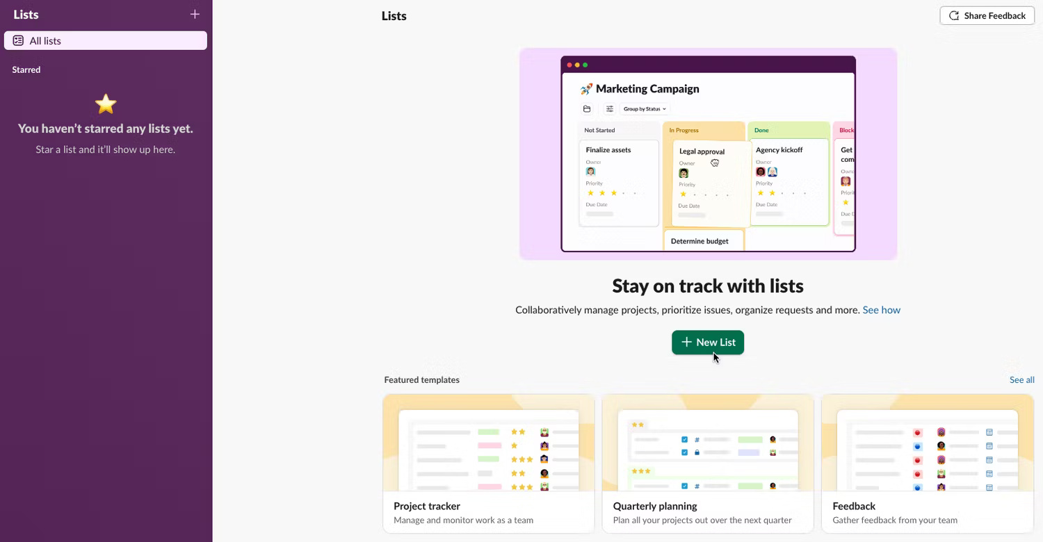 Trang List của Slack hiển thị một nút để tạo List mới và các mẫu ví dụ về tính năng