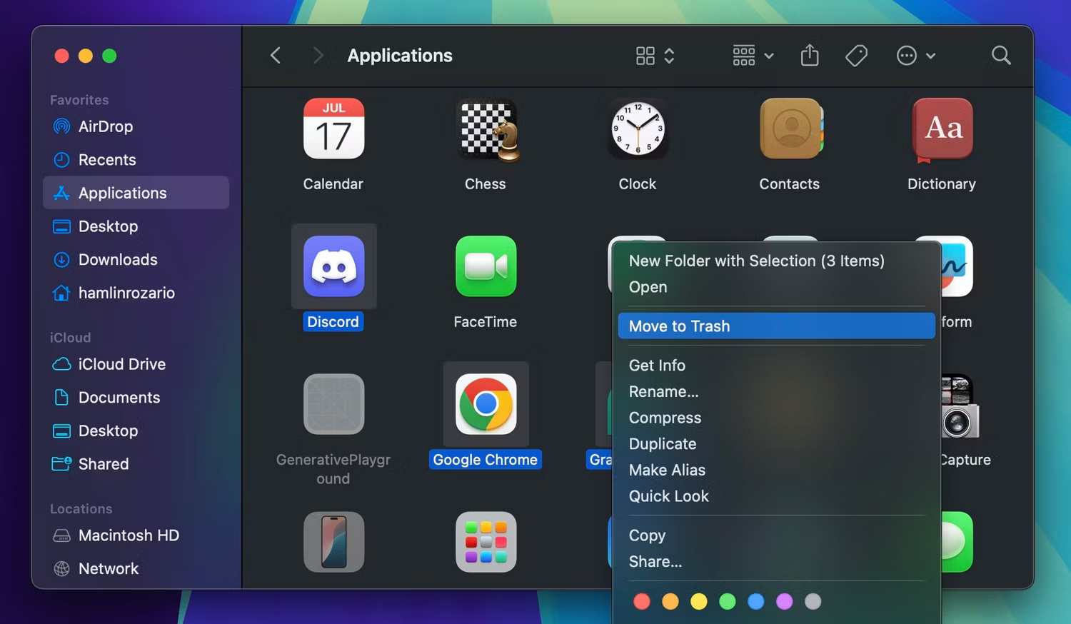 Di chuyển ứng dụng vào Trash từ thư mục Applications trong macOS