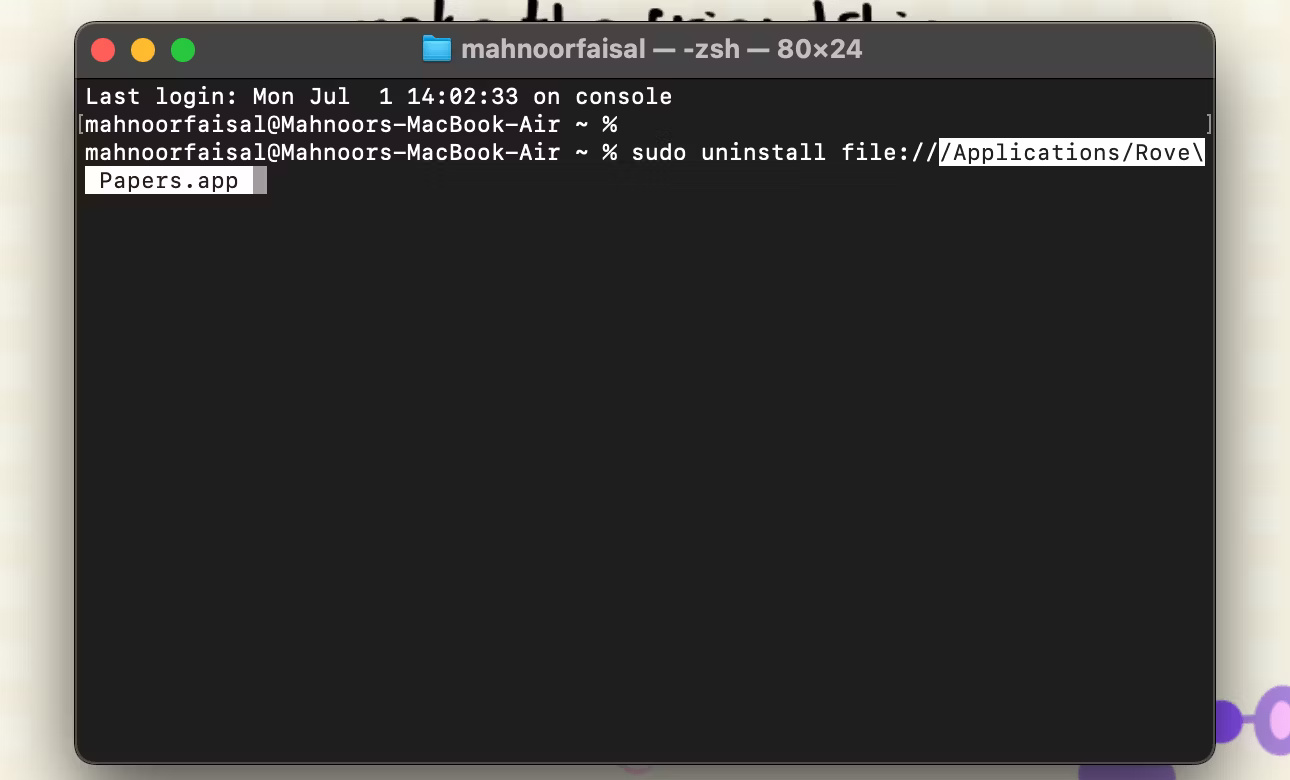 Xóa ứng dụng Rove Papers thông qua lệnh Terminal