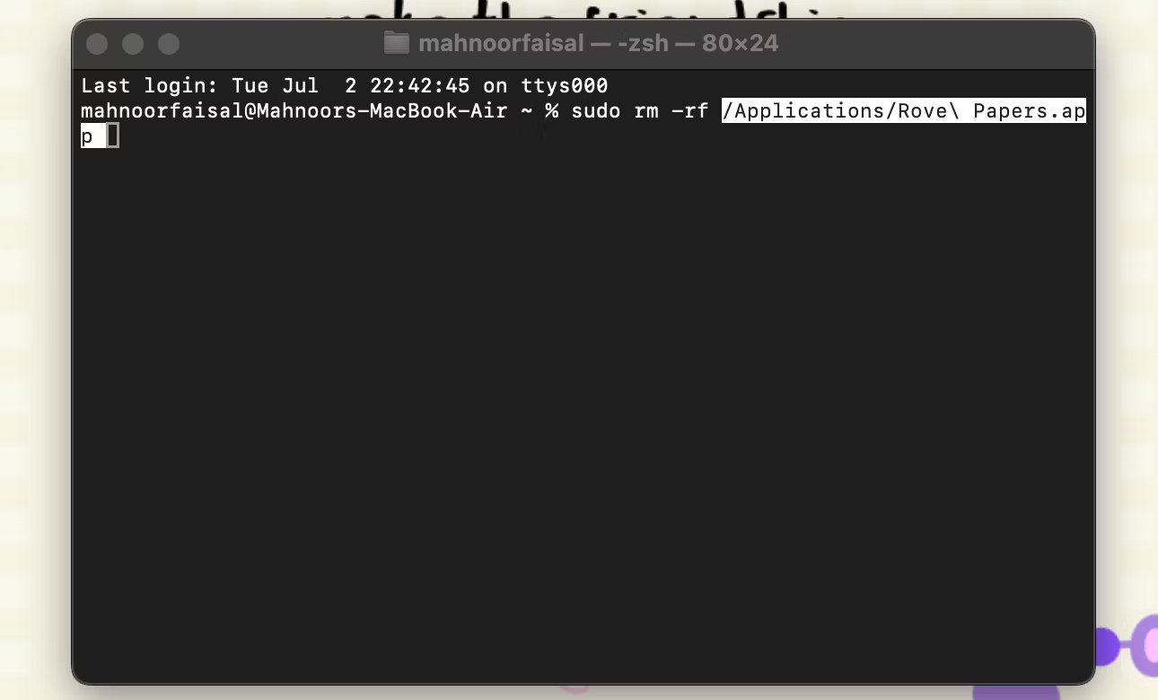 Xóa ứng dụng Rove Papers thông qua lệnh Terminal