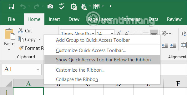 Chỉnh vị trí thanh Quick Access Excel 