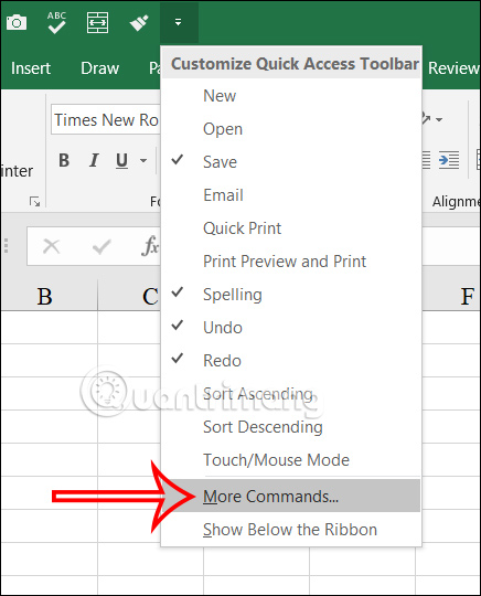 Chỉnh lệnh trong Quick Access Excel 