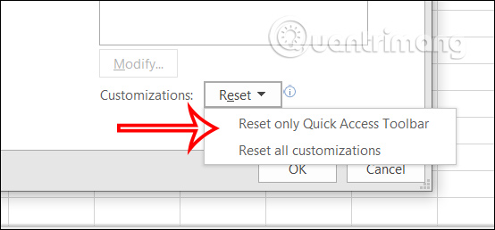 Reset thanh Quick Access Excel 