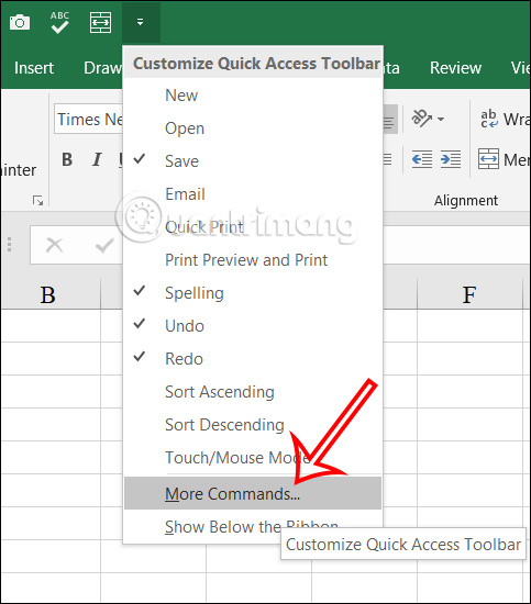 Chỉnh lệnh Quick Access Excel 