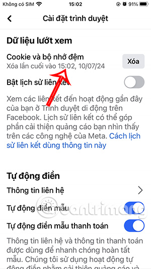 Lần xóa bộ nhớ đệm Facebook gần đây 