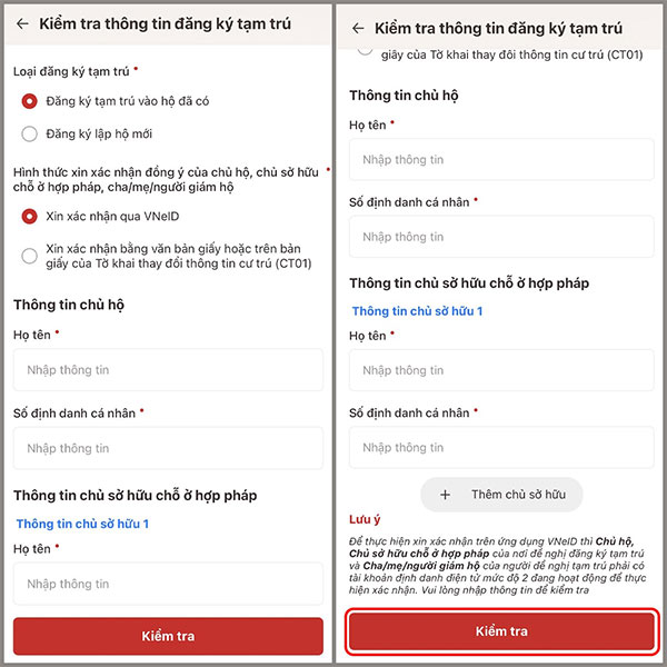Điền thông tin đăng ký tạm trú VNeID