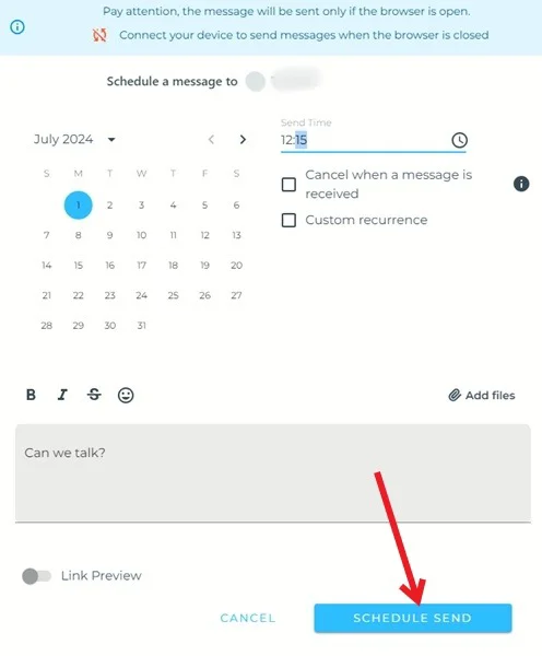 Thêm chi tiết lập lịch cho tin nhắn trong WhatsApp Web có cài đặt tiện ích mở rộng Bluesticks.