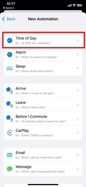 Chọn Time of Day khi tạo tự động hóa trong ứng dụng Shortcuts trên iPhone.
