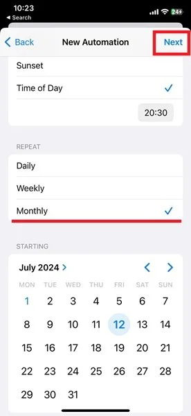 Chọn ngày bạn muốn tin nhắn WhatsApp đã lên lịch xuất hiện trong ứng dụng Shortcuts trên iPhone.