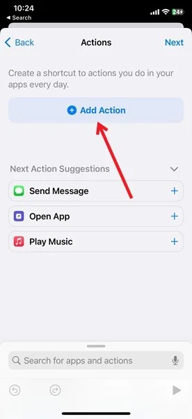 Nhấn nút Add Action trong ứng dụng Shortcuts trên iPhone.